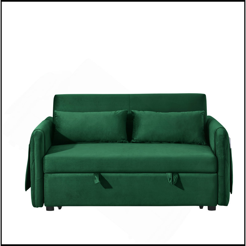 55" Modern Convertible Sofa Bed With 2 Detachable Arm Pockets, Velvet Loveseat Sofa With Pull Out Bed, 2 Pillows And Living Room Adjustable Backrest, Grid Design Armrests