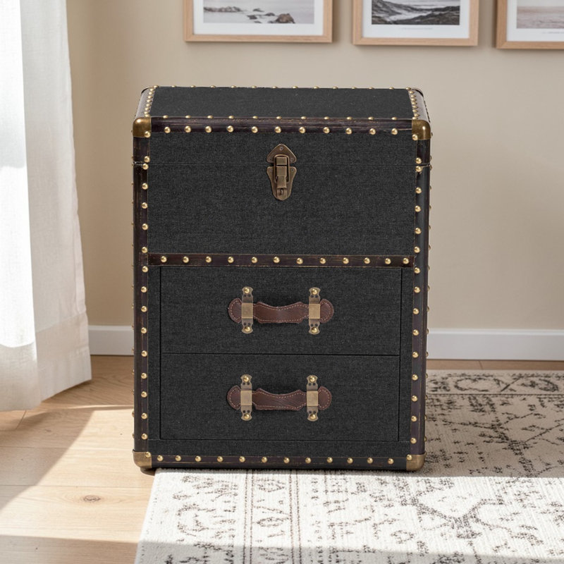 Coffre de rangement Kaia en toile noire de style rétro avec deux tiroirs