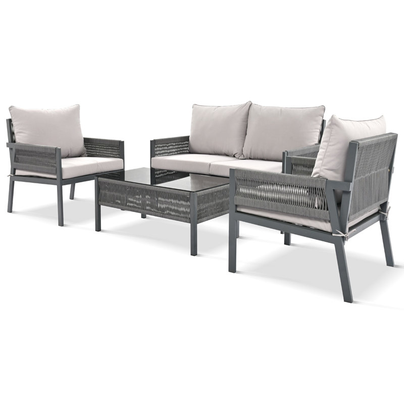 French Country 4 Patio Furniture - Thick Cushioned & With Glass Table  Fluorescent Yellow Conversation Covers Tempered, Green