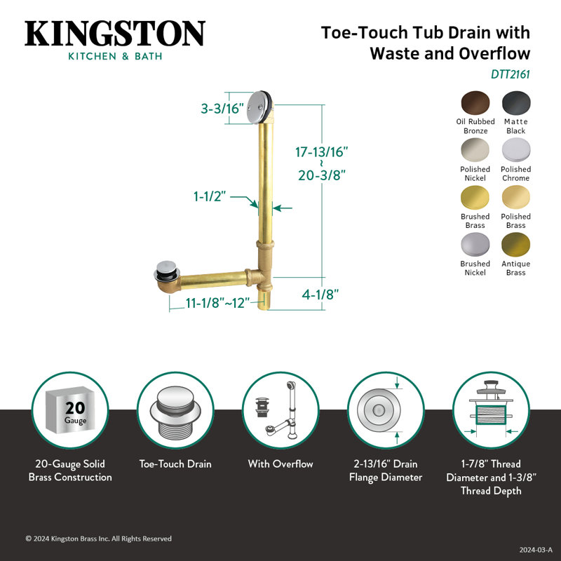 Drain et trop-plein cuve en laiton tactile de 21 po Kingston, Noir mat
