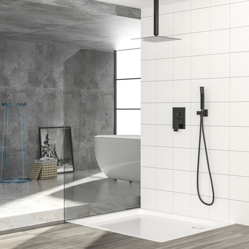 Matte Black, 10 Inch Square, Ceiling Mount, Dual Shower Head System, - Scald Feature, Rainfall Spray Pattern, Handheld Head, Balanced Valve, Easy To Clean Nozzle,