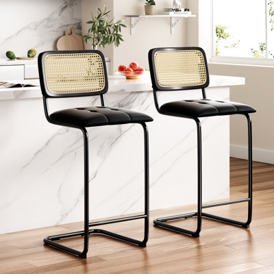Tabourets de bar à hauteur de comptoir de 2 chaises rembourrées en cuir de polyuréthane noir de 30 pouces avec dossier, et en porte-à-faux de conception bien conçue, fonction coulissante, convient aux salons en cuir, cuisine à 2 dossiers