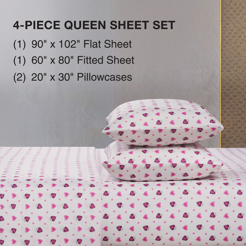 Baby Phat Printed Microfiber Sheet Set, Queen, Hearts with Crowns - White
