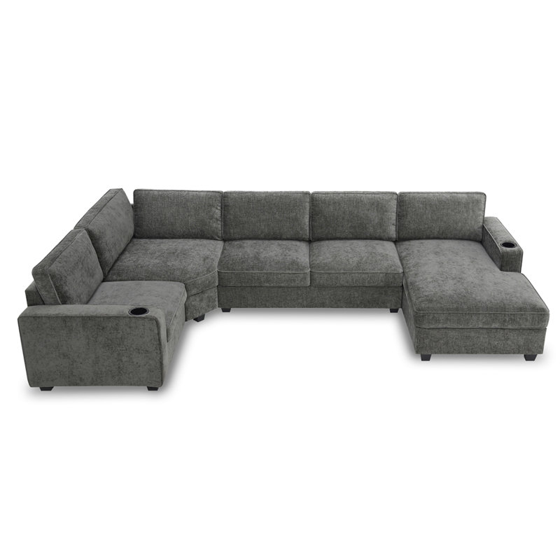 U Shaped Sectional Sofa,6 Seat Chenille Corner Couch Set with Oversized Chaise Lounge,Irregular Corner,Deep and Wide Seat Comfy Sofa with Cup Holders for Living Room,Apartment,2 Colors