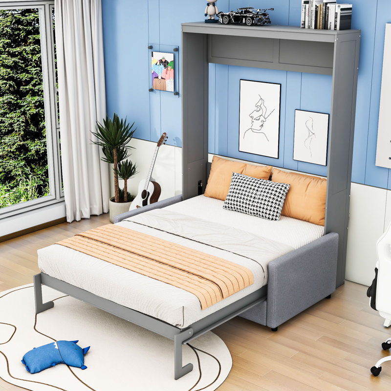 Shinpei Murphy Bed Wall Bed with Cushion, Gray, Queen