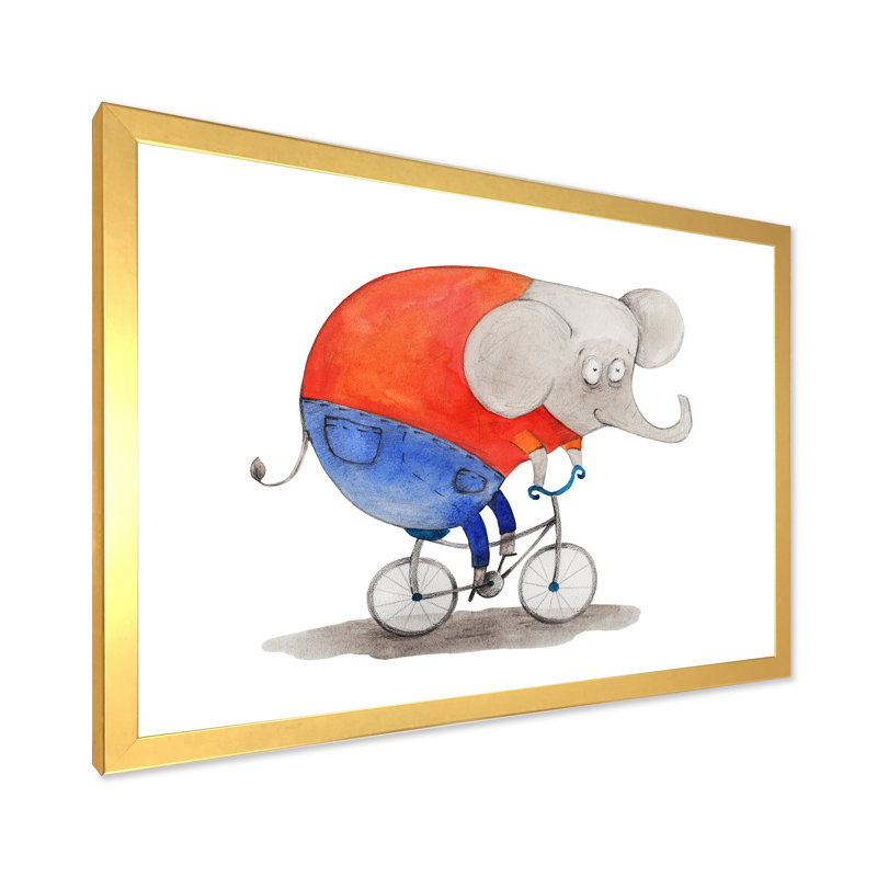" Cute Elephant On Bycicle I ", 24" H x 36" W x 1" D, Gold Picture Framed