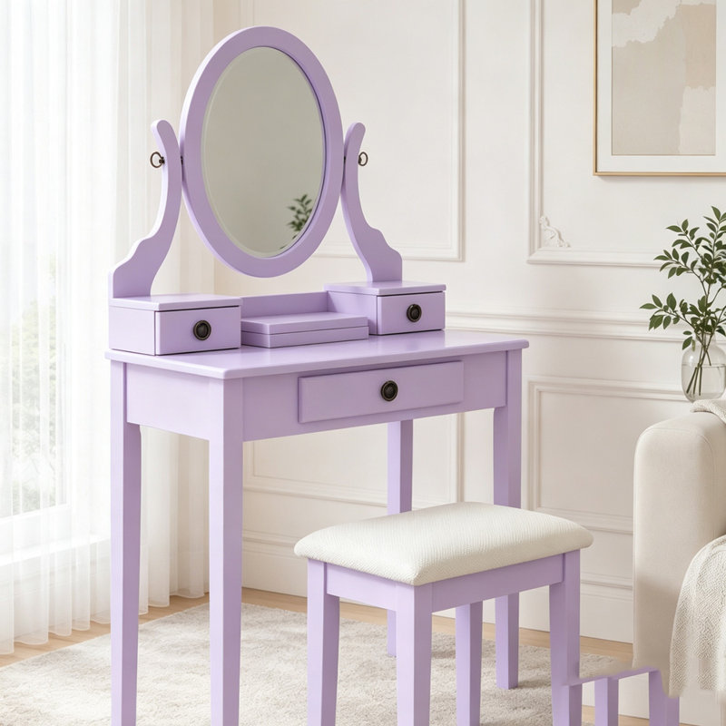 Ensemble de coiffeuse moderne avec miroir réglable et 3 tiroirs de rangement, Mauve