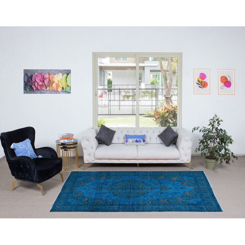 Tapis bleu moderne en laine et coton 5,3 x 9 pi noué à la main en Turquie
