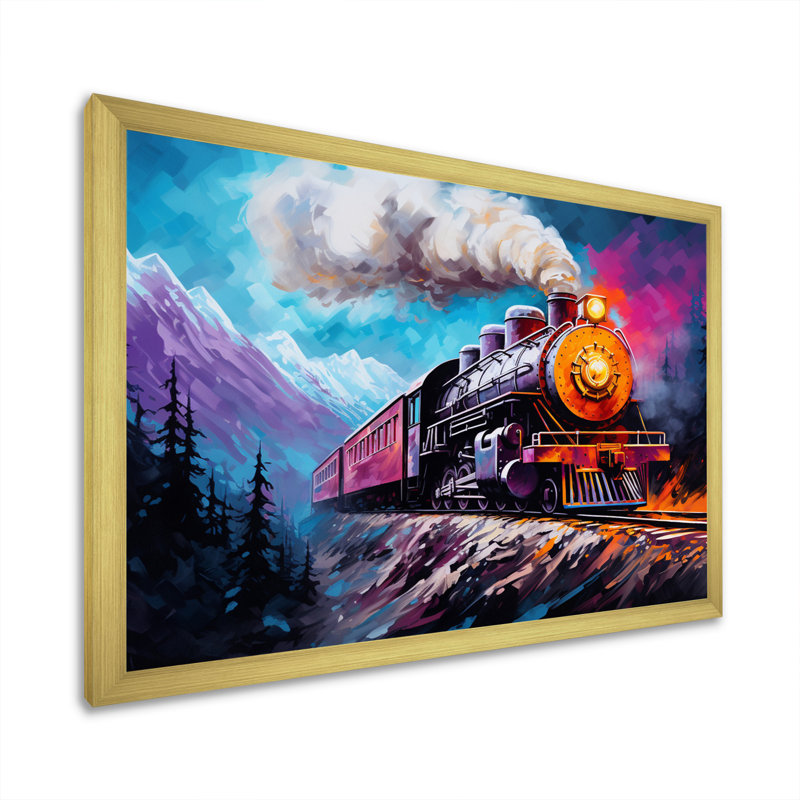Steamtrain Travelling In Winter Snow, reproduction d'art sur toile, H 34 po x l 44 po x P 1,5 po, Cadre doré simple
