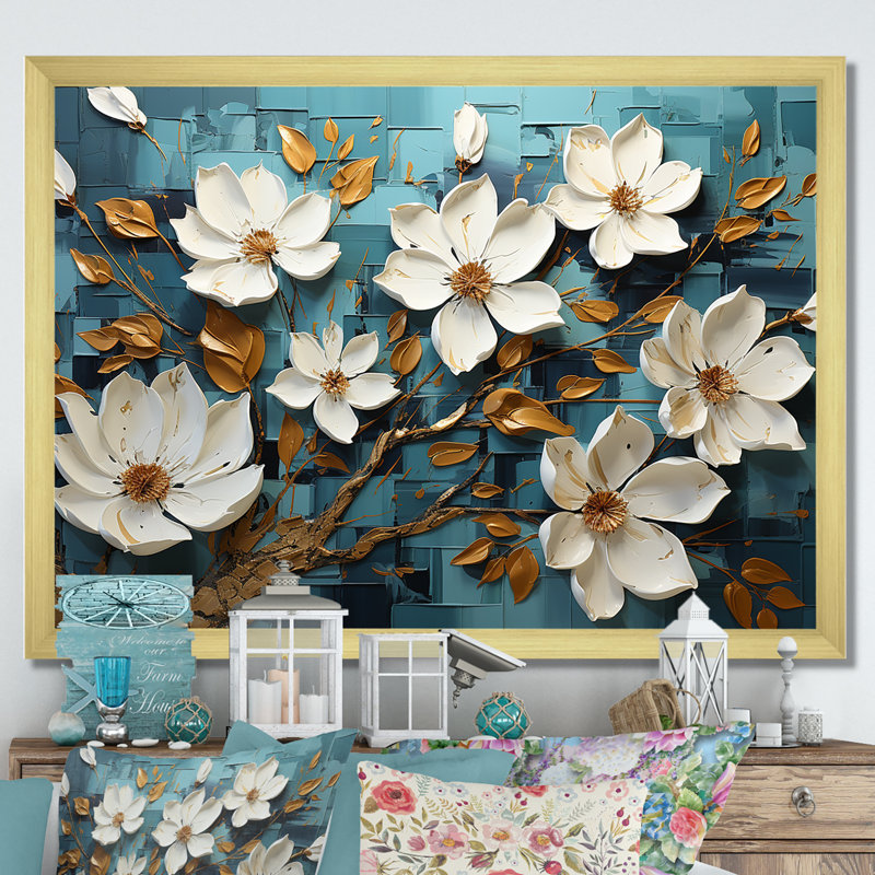 Blanc et bleu, charmante fleur printanière élégance IV - Fleurs, art mural, Cadre flottant noir, H 16 po x l 32 po x P 1 po