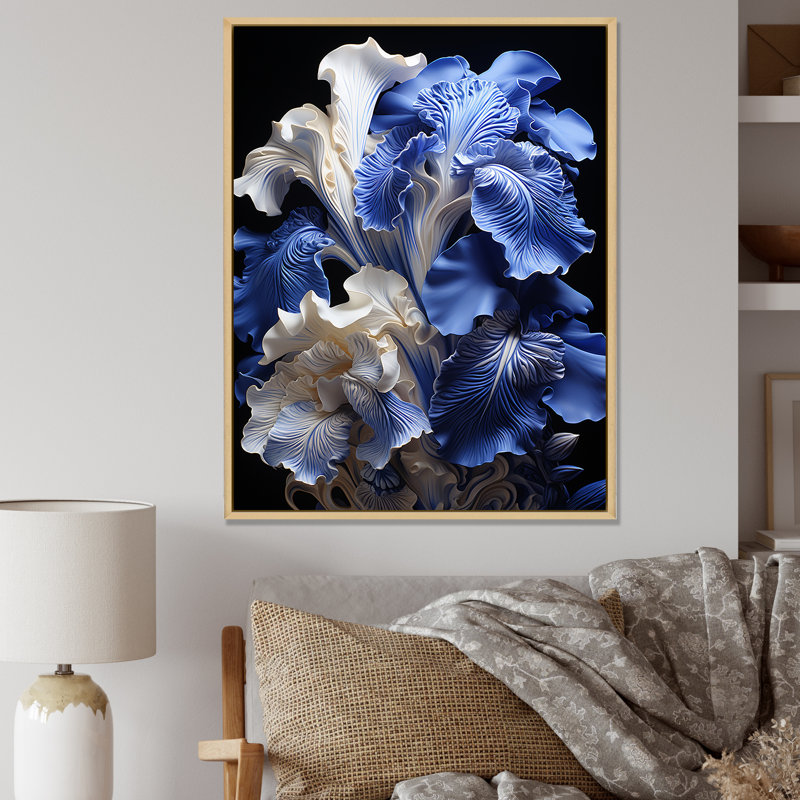 Blanc et bleu iris Elegance II - iris, art mural, Cadre flottant brun, H 44 po x l 34 po x P 1,5 po