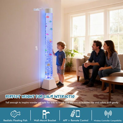 6FT Sensory Bubble Tube Floor Lamp – Wall-Mounted with Acrylic Bracket, App & Remote Control, Compatible with Round Controller, Color-Changing LED, 6 Fake Fish，1 Jellyfish, Calming Aquarium for Kids & Adults