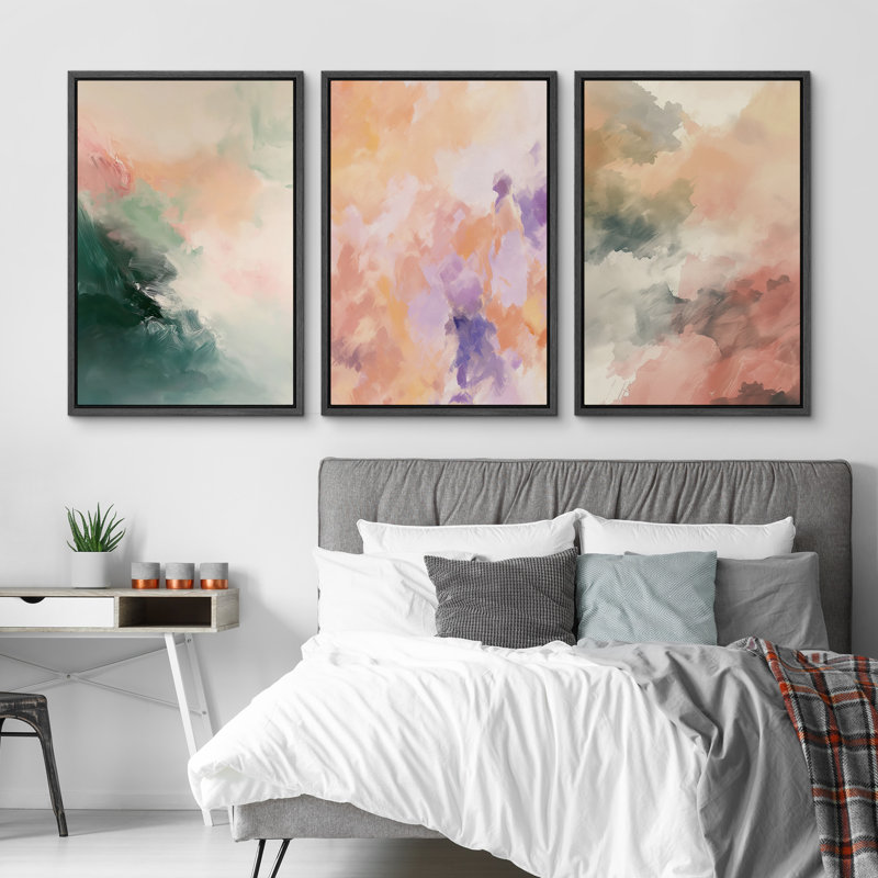 Vert, rose, triptyque, abstrait, moderne, coloré, coups de peinture, H 24 po x l 48 po, Cadre noir