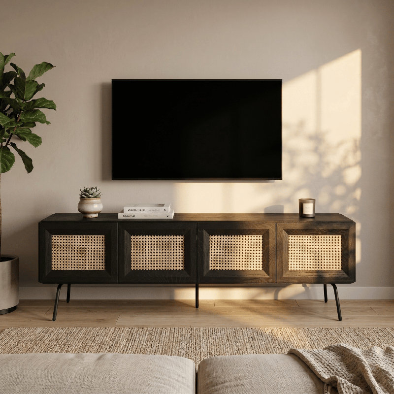  Meuble télé avec téléviseur Mossic, centre de divertissement avec rotin naturel, pieds en métal, console de rangement moderne pour le salon et la chambre à coucher, assemblage sans effort