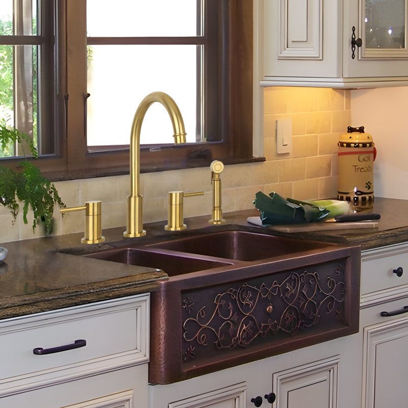 Brushed Gold Brass Double Handle Kitchen Faucet with Pull-out Spray