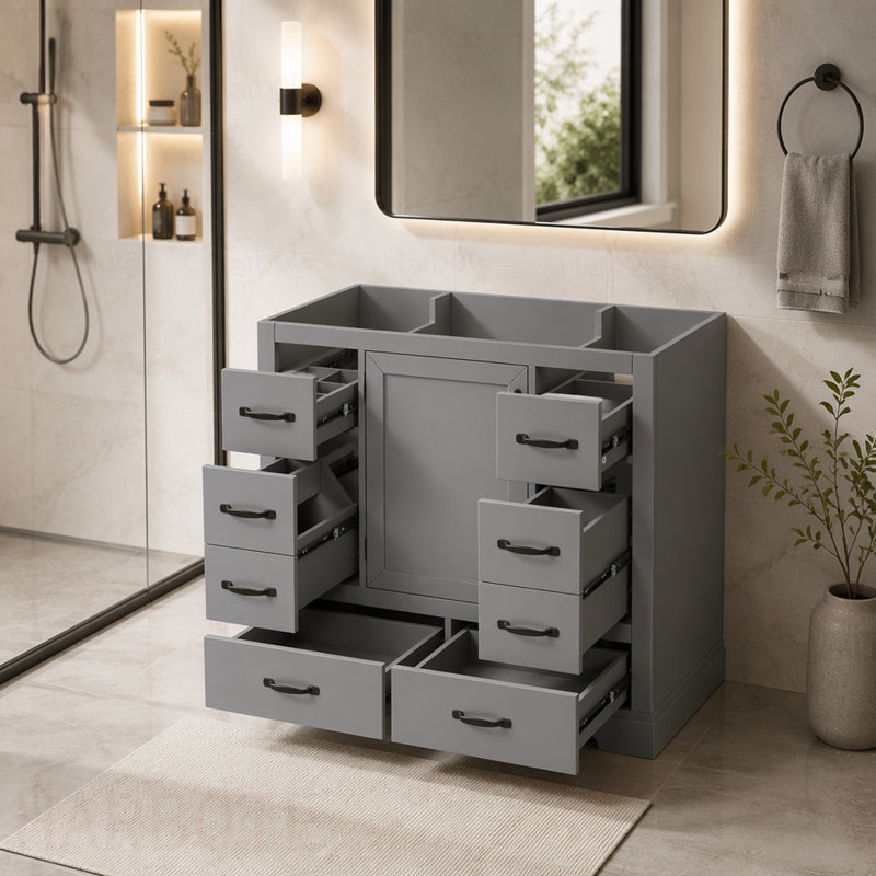 Meuble-lavabo de salle de bain sans lavabo, base d'armoire seulement, six tiroirs, séparateur de tiroir multifonctionnel, tablette réglable