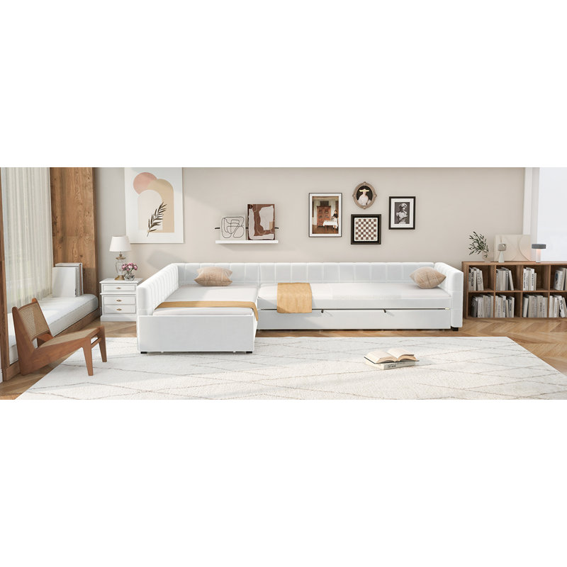 Lit de jour double rembourré en L avec couchette et tiroir en L, beige