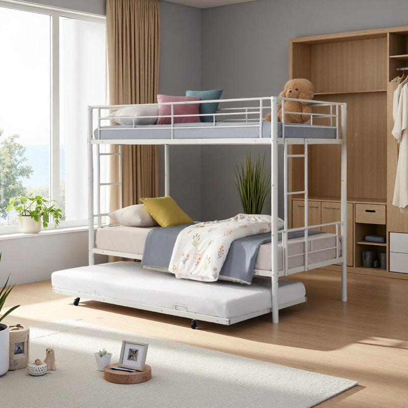 METAL Bunk Bed With Trundle, White