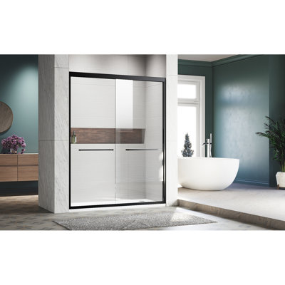 56 à 60 po Porte de douche coulissante, verre trempé transparent, poignées en acier inoxydable 304, noir, installation polyvalente x P 72 H semi, mat épais et silencieux