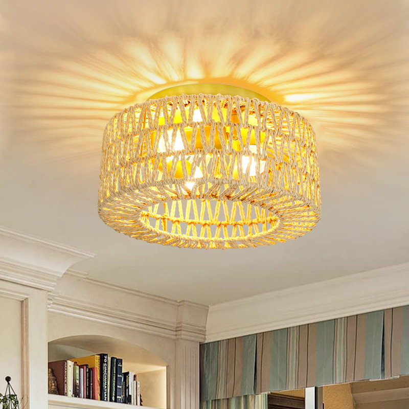 Plafonnier encastré en rotin 3 lumières, luminaire boho 12,6 po pour entrée de cuisine de chambre à coucher, Doré, Doré