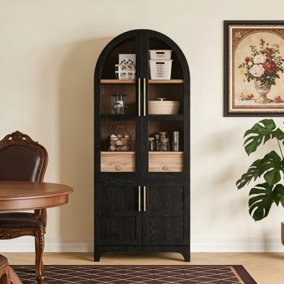 Armoire de cuisine, armoire de ferme arquée avec porte en verre, tablettes réglables et tiroir caché