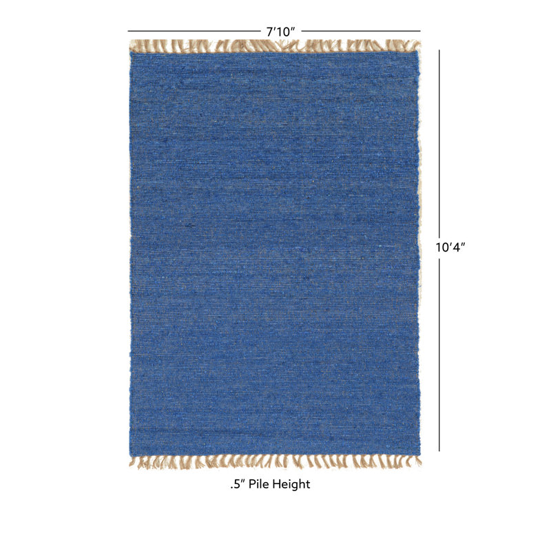 Brogan Berber Reversible Blue Wool Area Rug with Jute Core and Jute Fringe, Rectangle 7'10" x 10'4"