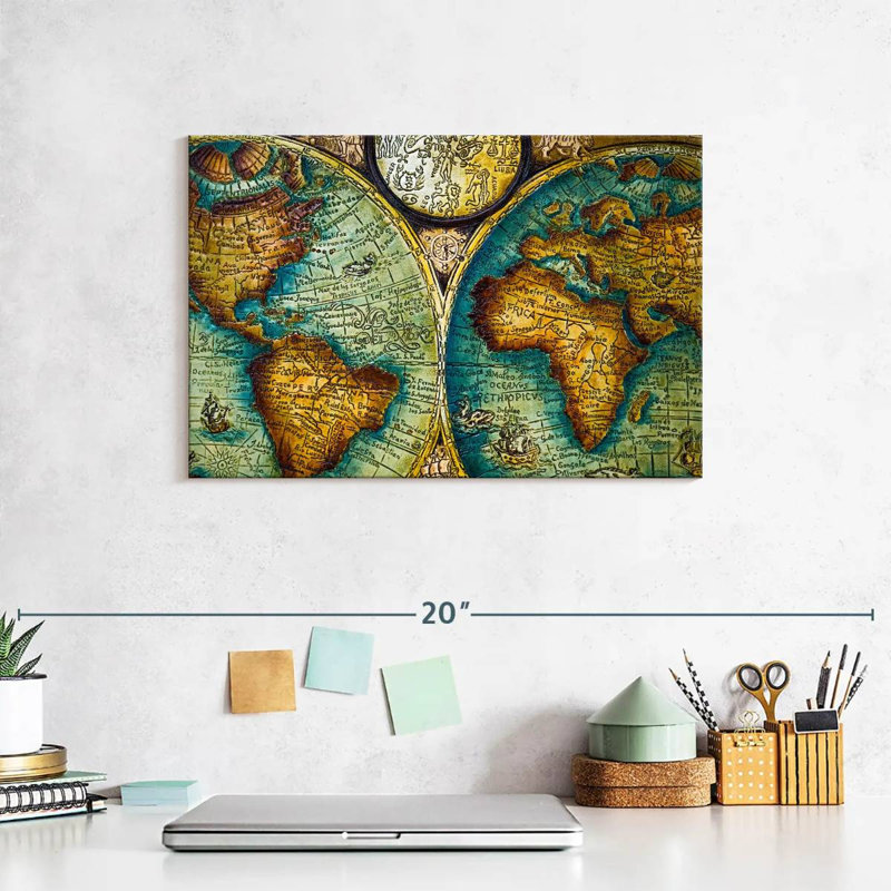 Carte du vieux monde sur toile, H 8 po x l 12 po x P 1 po