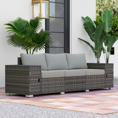 Canapé 3 places en osier avec rangement et coussins épaissis, canapé d'extérieur en rotin avec accoudoirs larges et siège, canapé en osier pour porche, jardin, cour