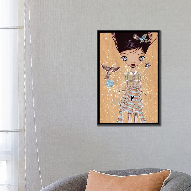 « tricoting », impression sur toile, H 26 po x l 18 po x P 1,5 po, Toile avec cadre noir, Pas de tapis