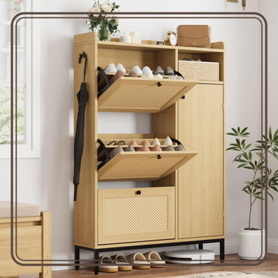Armoire à chaussures en rotin avec 3 tiroirs rabattables, armoire de rangement latérale et tablette ouverte pour le vestibule, tablettes réglables à 4 niveaux