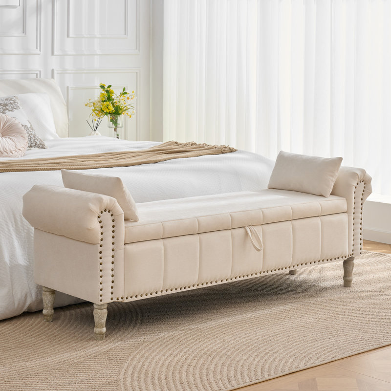 66" W Bedroom Storage Bench End of Bed King Size with Button-Tufted Seat,Roll Arms,Hidden Dual Pockets and Two pillows, Beige