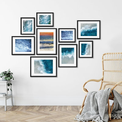«Blue Seawave and Seafoam», art moderne de plage, salon, chambre à coucher, bureau, impression sur bois, 9 pièces