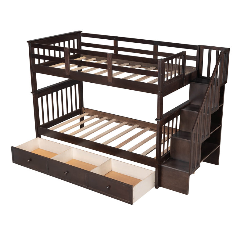 3 Drawers Wood Standard Bunk Bed, Espresso, Twin Over Twin