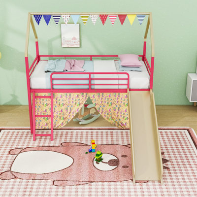 Metal House Twin Loft Bed With Slide, Curtain Set, Guardrails And Ladder