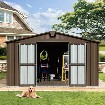 Galvanized Steel Outdoor Storage Shed 11'x 9', Windows, Lockable Door, 630cu.ft., Brown 9' Garden With Frame,