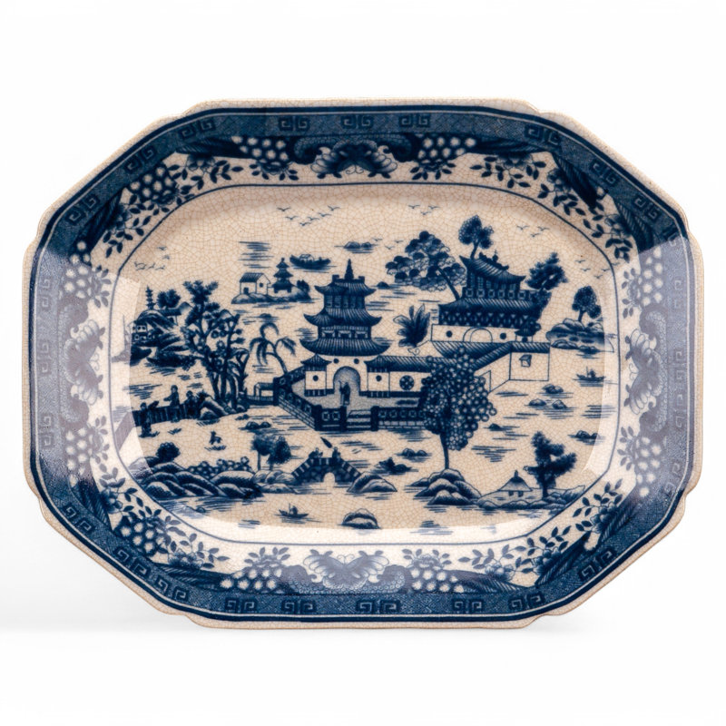 Plateau en porcelaine bleu et blanc saule, H 2 po x l 14,5 po x P 11 po