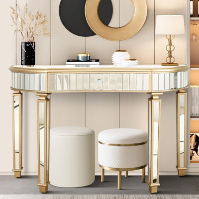 47" Half - Moon Fluted Glass Mirrored Console Table With Crystal Knob Drawer, Silver Or Gold, Suitable For Dressing Room, Bedroom Foyer, Robust Build,