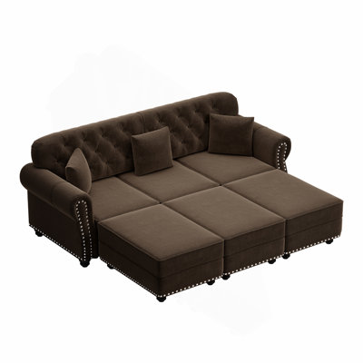 Canapé Chesterfield 82,6 po rembourré en velours avec garniture cloutée et accoudoirs roulés, canapé de style Mid-Century moderne capitonné avec boutons, brun
