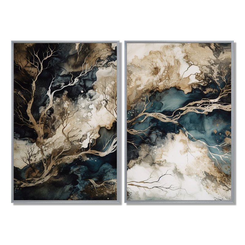 Blue Beige Marbré Dreamscape I - Art mural bleu 2 pièces, 36'' H x 48'' W, Impression encadrée flottante, Silver