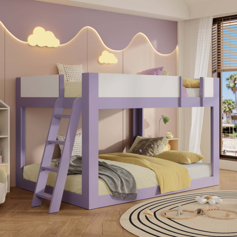 Lit superposé bas, lit superposé convertible en bois avec échelle réversible et garde-corps de sécurité, Queen, Purple