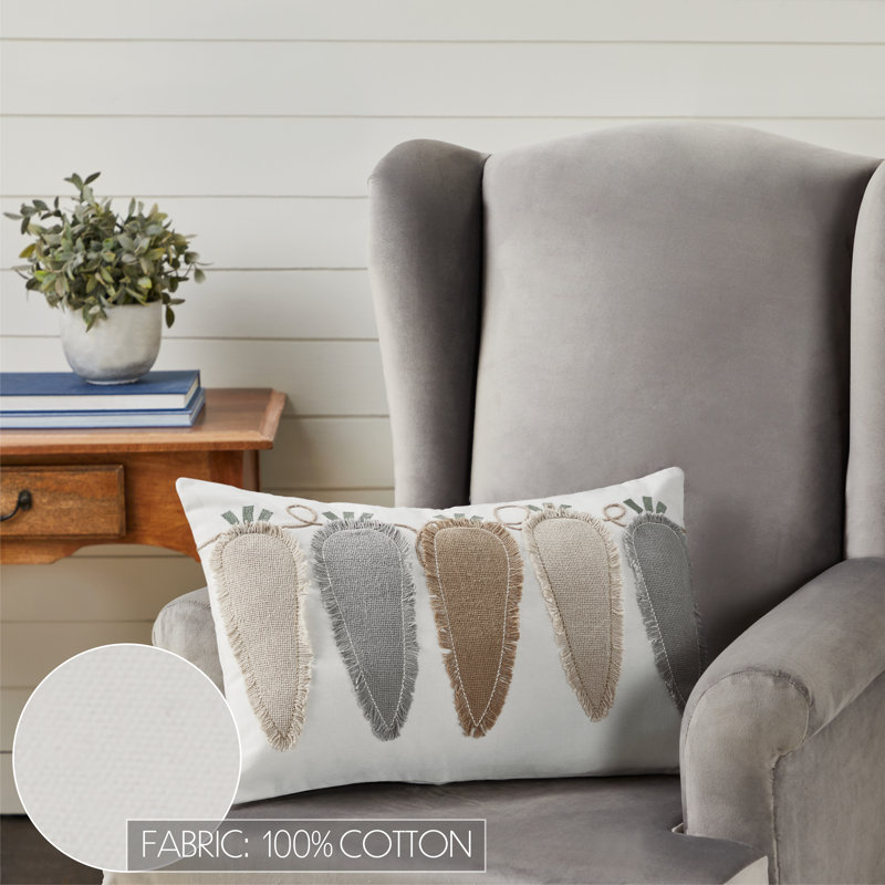Natural Creme Cotton Burlap Embroidered Rectangle Throw Pillow