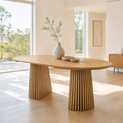 Extendable Dining Table with Oval Design and Slatted Table Legs,suitable for living room, dining room and Home Kitchen