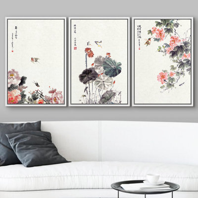 Décoration murale moderne à l'encre de chine, fleurs et oiseaux