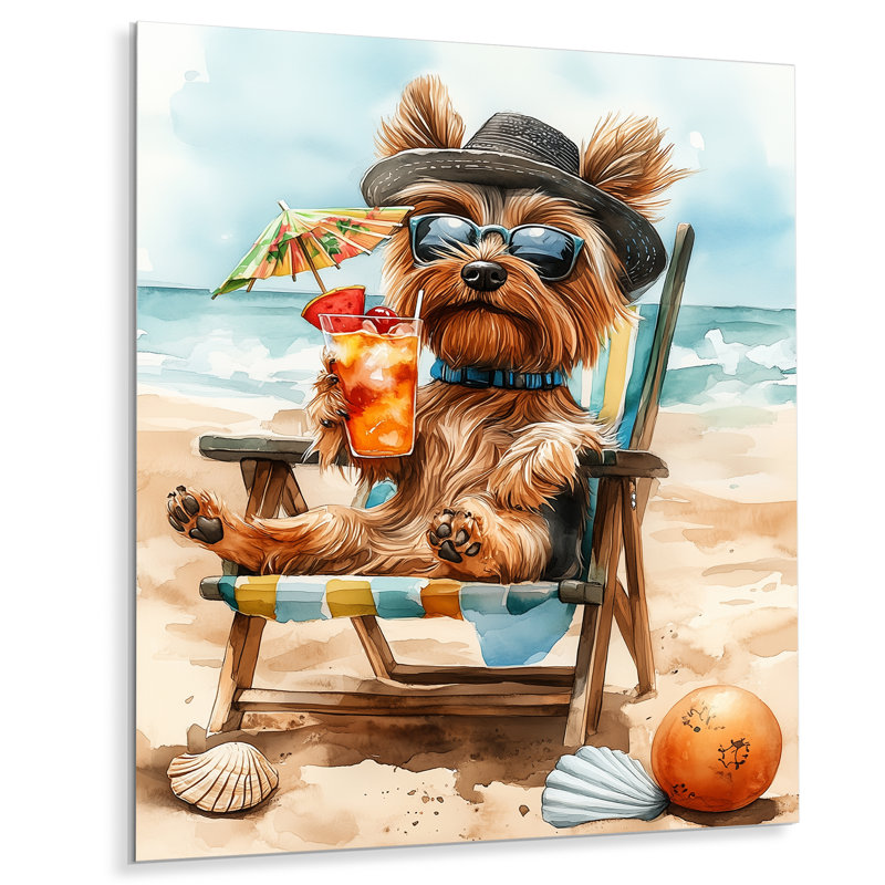 Yorkshire Terrier chien sur la plage se prélassant I - décor mural animal côtier, Métal métal, H 32 po x l 24 po