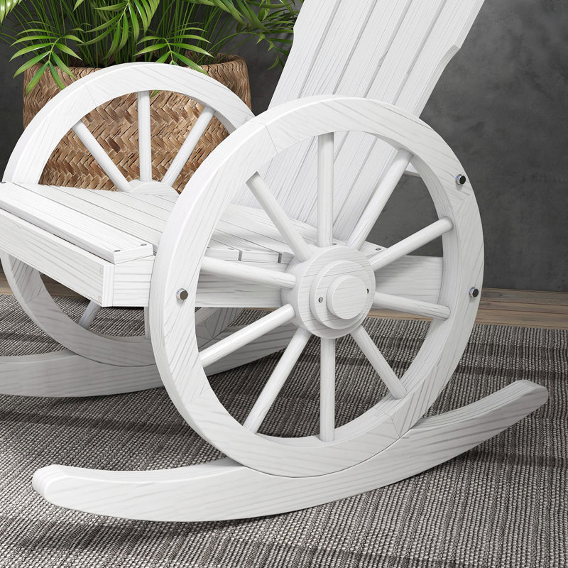 Wooden Rocking Chair, Adirondack Rocker Chair W/ Slatted Design And Oversized Back, Outdoor Rocking Chair With Wagon Wheel Armrest For Porch, Poolside, And Garden