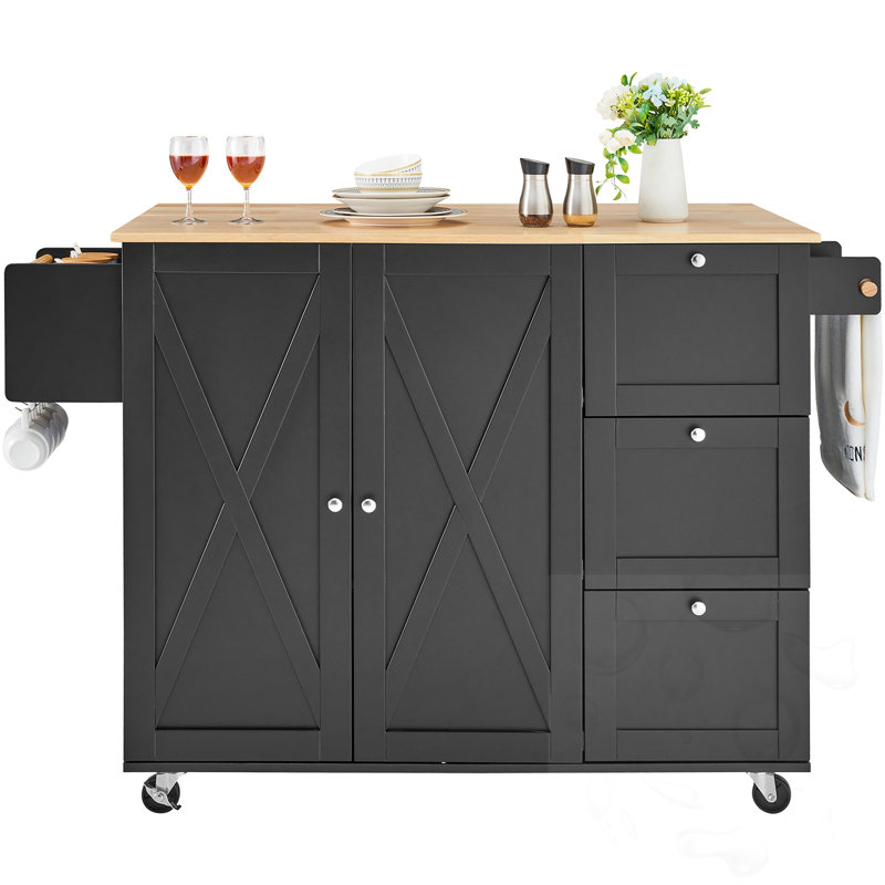 Îlot de cuisine roulant avec porte-serviettes et épices et 4 crochets multifonctionnels, Noir