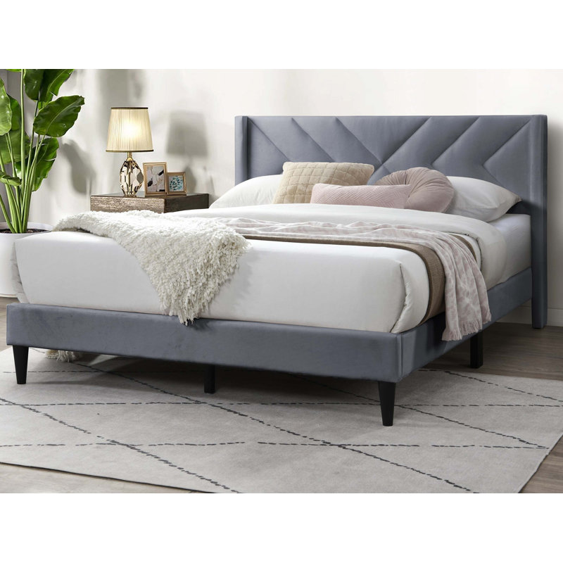 Cadre de lit tapissier en velours pour lit double élégant et moderne, Gris
