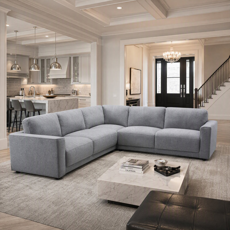 Canapé modulaire 3 pièces d'angle rembourré symétrique, Chenille gris pâle