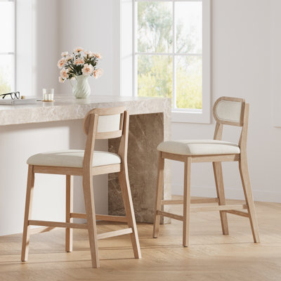 Alden 26.46" Seat Height Modern Wabi-Sabi Rubber Wood Counter Stools with Upholstered Backrest