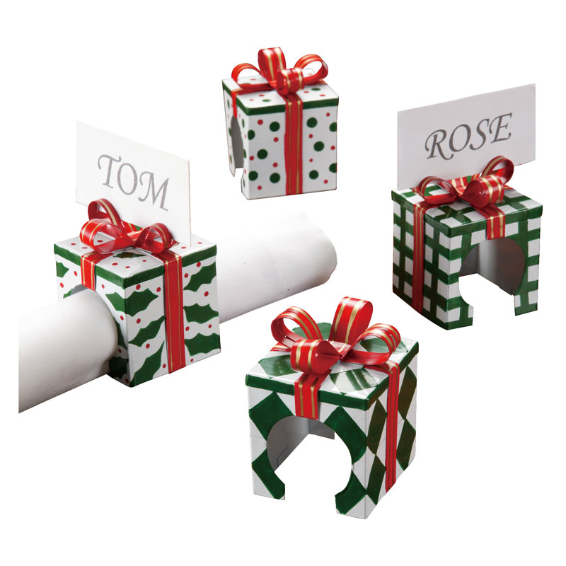 Ribbon Package Holiday Napkin Ring Holder - 4pc Set